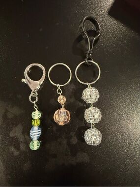 3 beaded keychains and bag clips